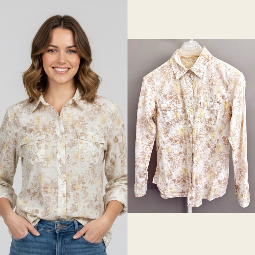 Denver Hayes Floral Pattern Boho Casual Hippie Button Down Shirt Blouse Medium